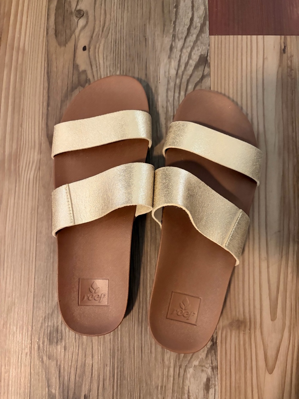 Reef Cushion Vista Women’s Metallic Gold Double-Strap Slide Sandals